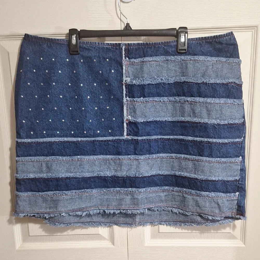 Vintage Carolina Blues Plus Jean Denim Mini Pencil Skirt Patchwork Flag-22W-Blue